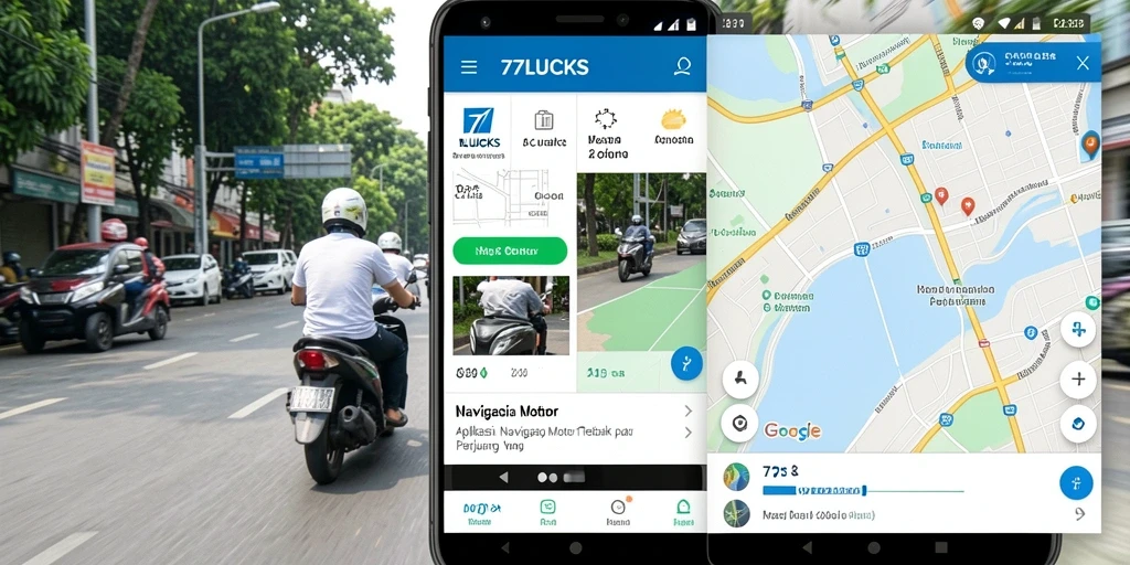 Screenshot antarmuka aplikasi 77LUCKS saat menavigasi rute motor.